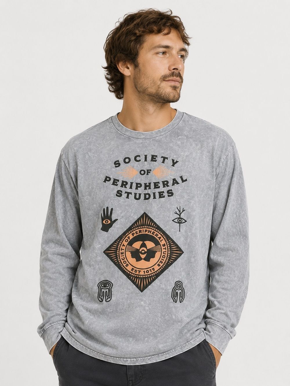 Meow Wolf Society of Peripheral Studies Graphic Long Sleeve Tee Gray Peach Sz L